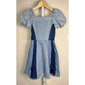 Habitual SZ 10 Girls Patchwork Denim Dress Puff Sleeves Square Neck Blue Y2K